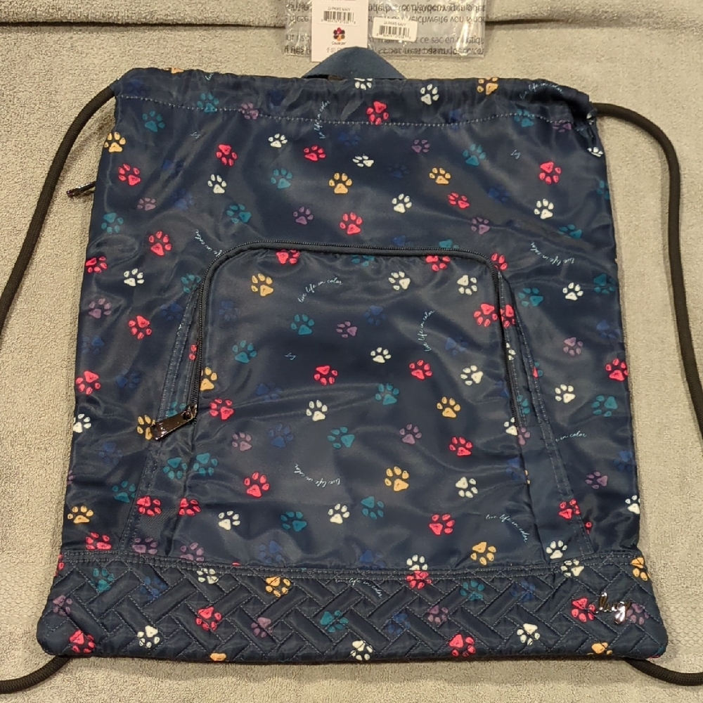 Lug Jumping Jack Drawstring Backpack in Paws Navy Print NWT